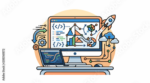 Digital innovation and growth illustrated by computers code and rocket