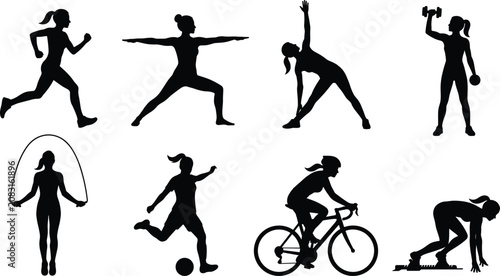 Fotografija Set of active female silhouettes engaging in various sports fitness exercises an