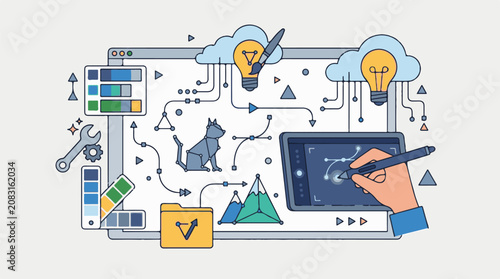 Digital illustration of a creative process with tools and ideas