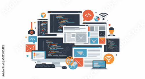 Digital interface concept with code screens and connectivity symbols