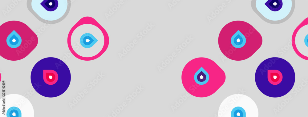 Fototapeta premium Abstract pattern features colorful circles, eyes, teardrops. Soft gray background provides neutral canvas for vibrant shapes.