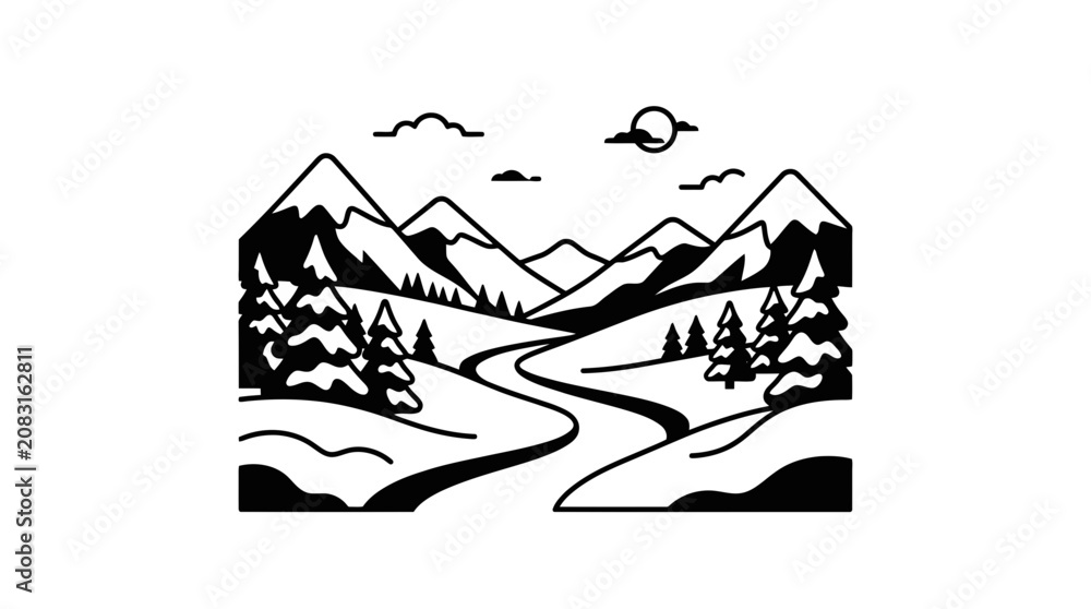 Fototapeta premium Minimalist Winter Mountain Landscape with River and Trees - Vector Art