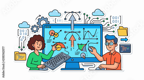Digital interface with graphs and data visualization two people interacting