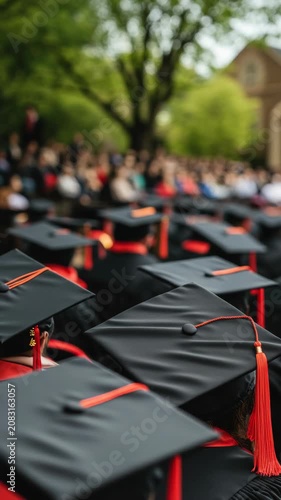 Group of graduates in caps and gowns celebrating with red tassels.