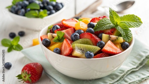 Refreshing organic summer fruit salad with mixed berries, melon, and fresh mint leaves in a bowl.