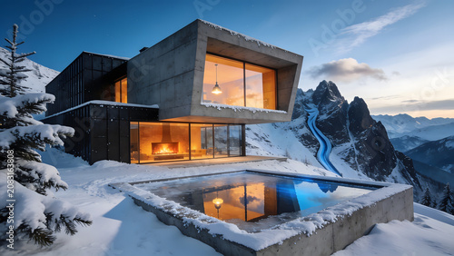 Modern brutalist concrete villa in snowy mountains with pool.