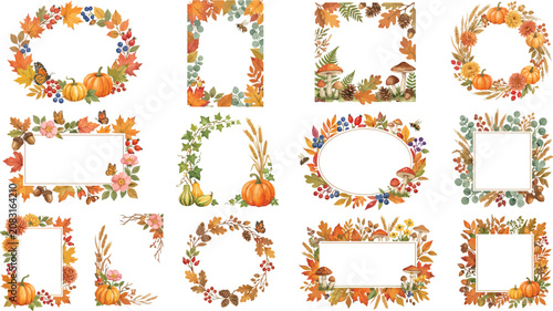 A collection of twelve decorative autumn frames featuring watercolor illustrations of pumpkins leaves and seasonal harvest elements isolated on a clean white background