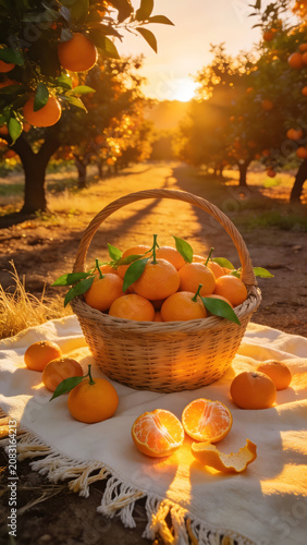 Wicker basket filled with fresh oranges in orchard during golden hour sunset.
