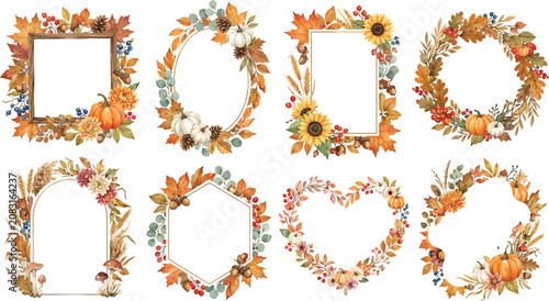 A collection of eight decorative autumn themed frames featuring watercolor illustrations of fall leaves pumpkins sunflowers and seasonal berries on a white background