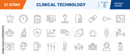 Clinical alarm management line icon set. Vector pictograms of healthcare, medical notification, patient monitoring, and hospital alert elements, thin linear illustration.