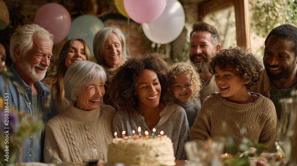 Fototapeta premium Grandparents surrounded by their family during a birthday celebration or holiday, cake, balloons, smiles