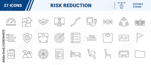 Lifestyle risk reduction line icon set. Vector pictograms of prevention, wellness, habit, and health elements, thin linear illustration.