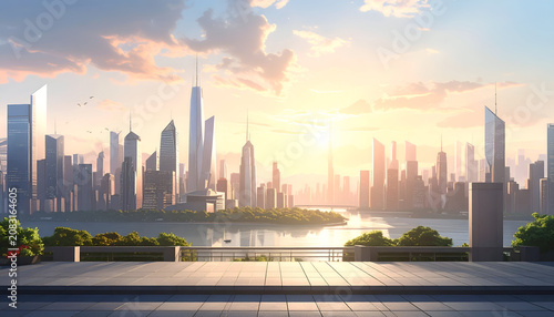 A modern city skyline under a sunlit sky, viewed from a terrace overlooking a river