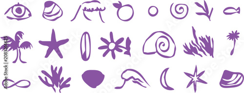 Bild auf Leinwand Purple vector illustration of various beach themed icons and symbols in a graphi