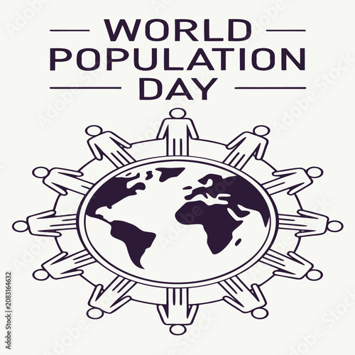 World population day flat linear graphic with stick figure icons circling a globe population minimalist community together international