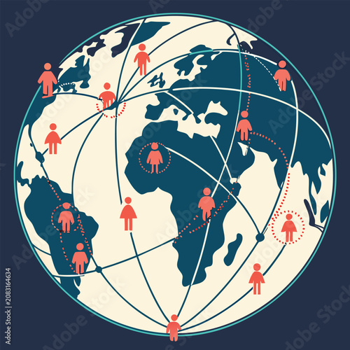 Global network connectivity illustration with human icons on a world map connection connectivity communication technology international