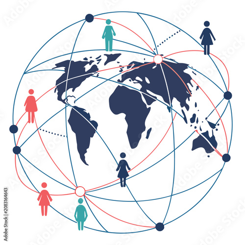 Global connectivity map with human figures and node network connectivity connection technology international communication business