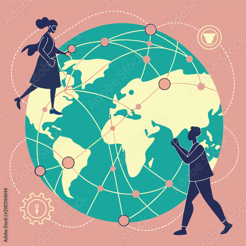Global partnership and world networking concept with silhouettes on globe connection business partnership communication technology