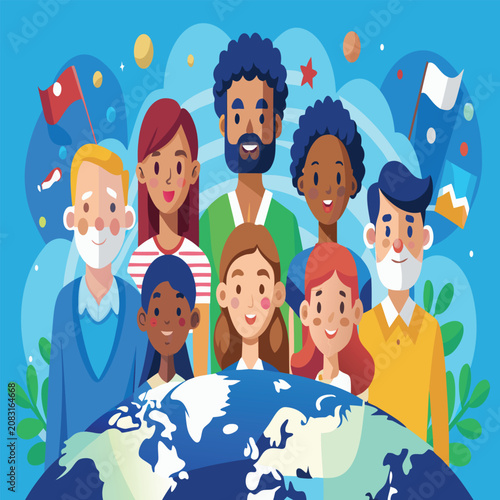 Group portrait of diverse people standing behind a global world map illustration with portrait community diversity international inclusion