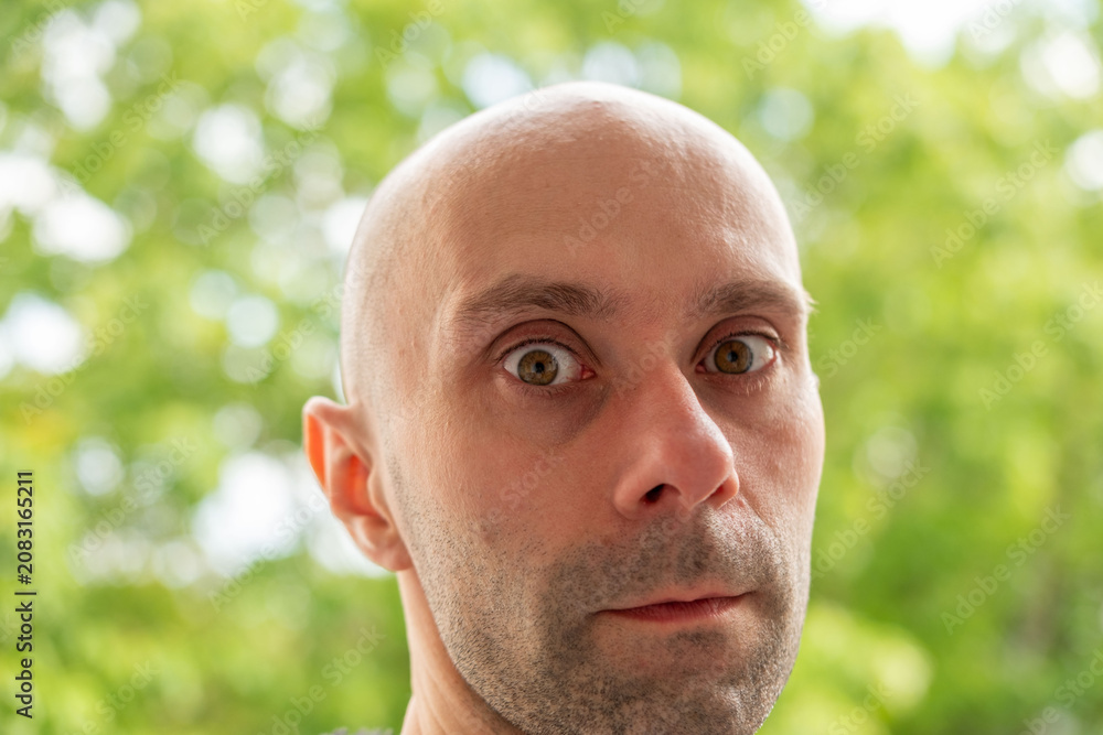 Naklejka premium Close up outdoor portrait bald man, middle aged male, shaved head, green blurred nature background, outdoor lifestyle, calm expression inner peace, serious face, natural light sunny day