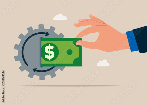 Billing automation. Paper banknote dollar.  Money with cog gear production. Optimize cost and expense for better profit strategy. Flat vector illustration