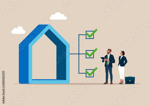 Home appraisal. Designing a building. Property valuation. Apartment purchase sale. Investment, construction,  mortgage. Modern vector illustration in flat style
