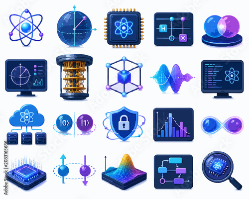 Quadro su tela Set of futuristic blue 3D icons representing advanced quantum technology and lab