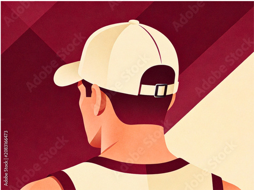 baseball cap with team uniform, A man in a white baseball cap from behind, vector illustration