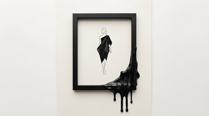 Conceptual art illustration of a minimalist female figure in a black frame with dripping black liquid spilling over the edge