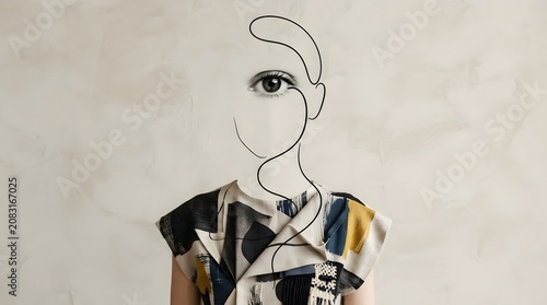 Surreal artistic portrait featuring a continuous line drawing of a face with a realistic eye on textured wall background