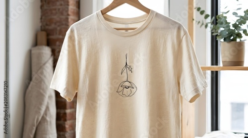 Minimalist cream t-shirt featuring rose line art embroidery hanging on wooden hanger in bright modern atelier studio