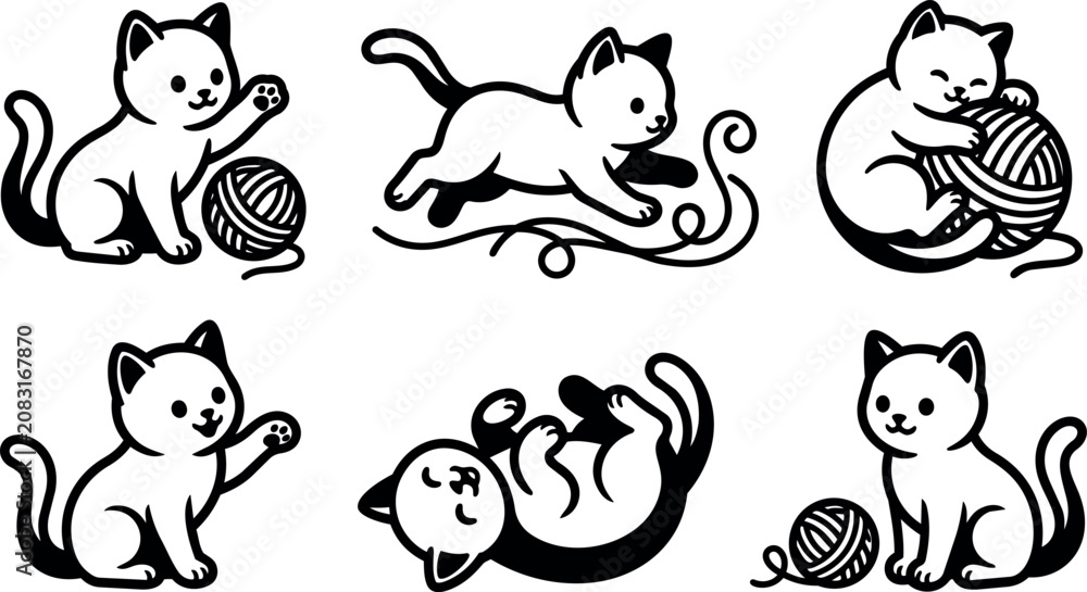 Obraz premium Black and white cartoon kittens playing with balls of yarn in various poses