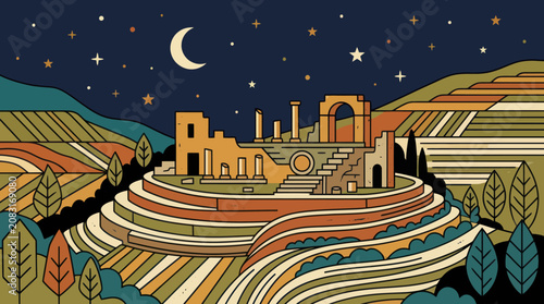 Ancient ruins on terraced hills under night sky