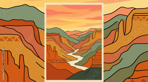 Canyon landscape with river at sunset