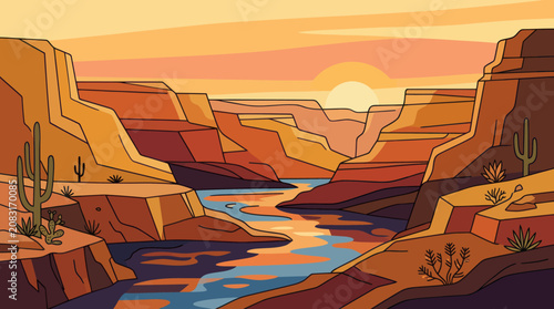 Canyon landscape with river at sunset