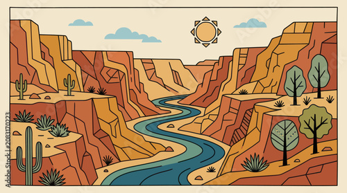 Canyon river landscape illustration