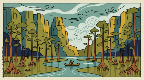 Canyon river landscape with canoeist and trees