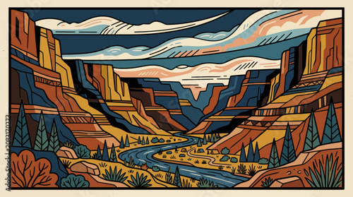 Canyon river landscape with colorful sky
