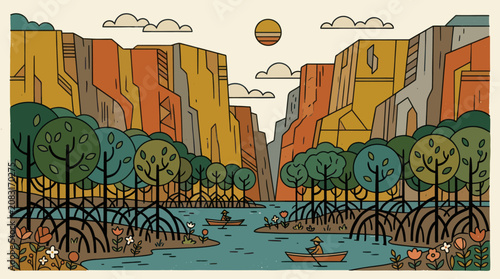Canyon river landscape with mangrove forest