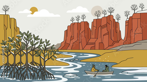 Canyon river scenery with boaters