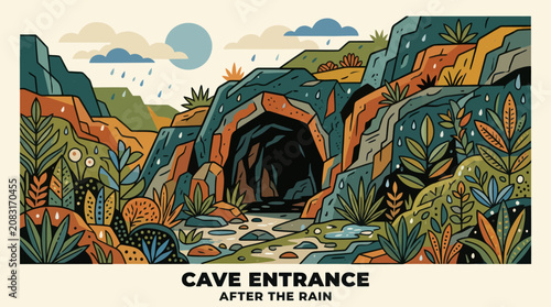 Cave entrance after rain landscape