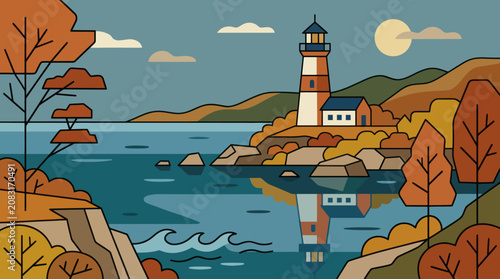 Bild auf Leinwand Coastal lighthouse and autumn landscape
