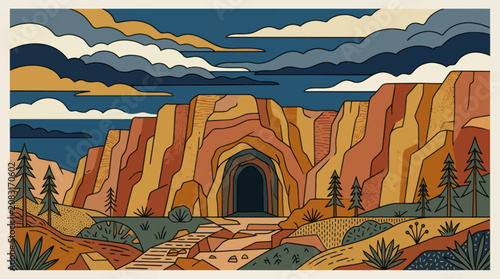 Cave entrance in mountain landscape