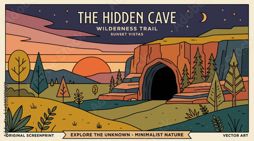 Cave entrance in mountainous landscape at sunset