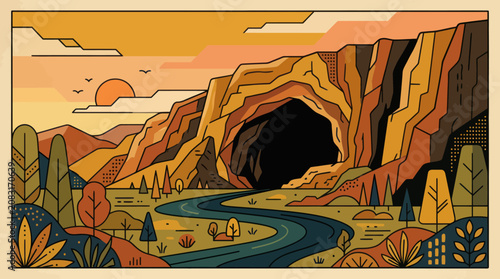 Cave entrance in natural landscape illustration