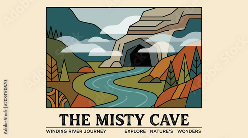 Cave entrance landscape with river and hills