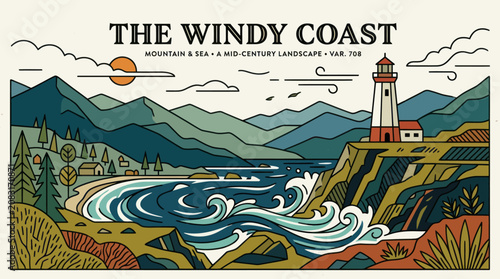 Foto Coastal landscape with lighthouse illustration