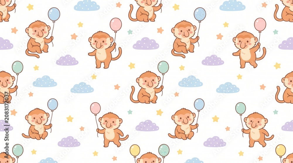 Fototapeta premium Adorable cartoon monkeys holding various colored balloons float among pastel clouds and stars