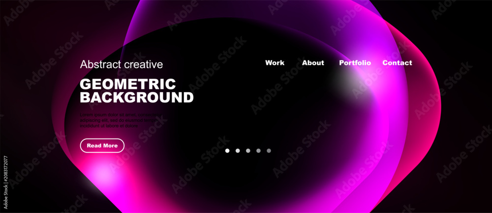 Naklejka premium Abstract design features vibrant pink, purple shapes. Website header includes navigation options, text, button. Dark background dominates image.