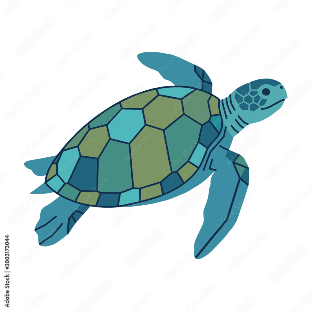 Fototapeta premium Green sea turtle cartoon character side view illustration.